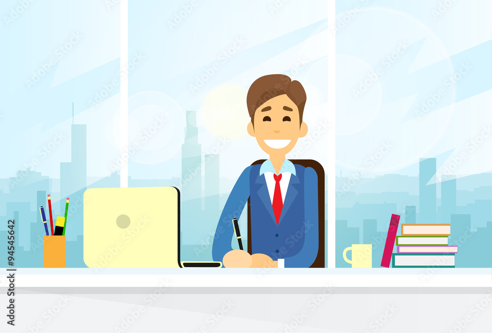 Business Man Sitting Desk Working Laptop Computer Business Man Sitting Desk Working Laptop Computer