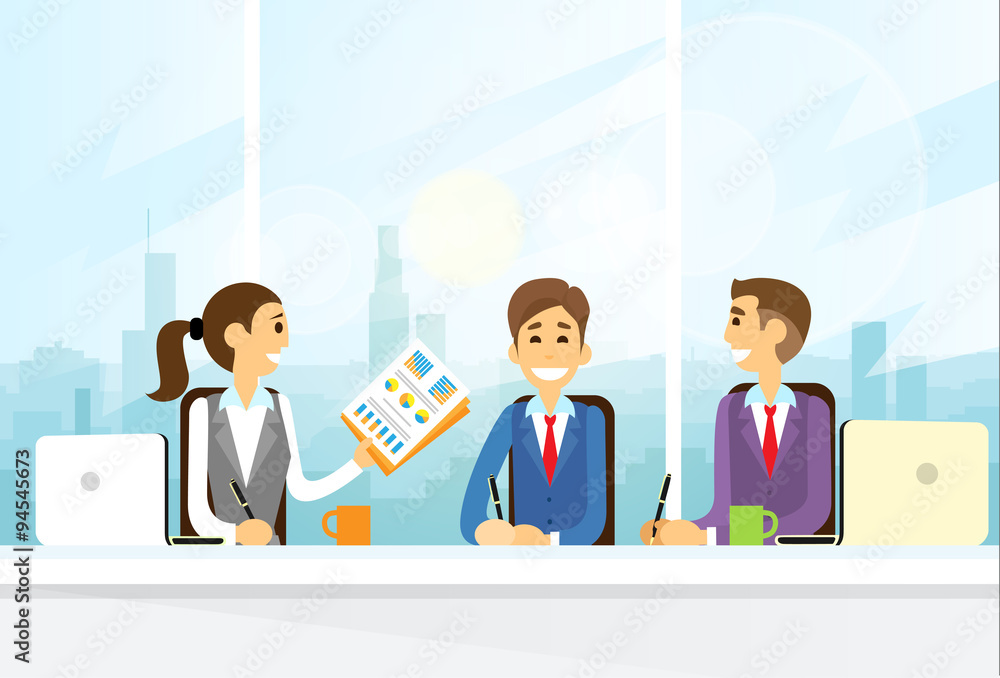 Business People Group Sitting at Office Desk Flat Business People Group Sitting at Office Desk Flat