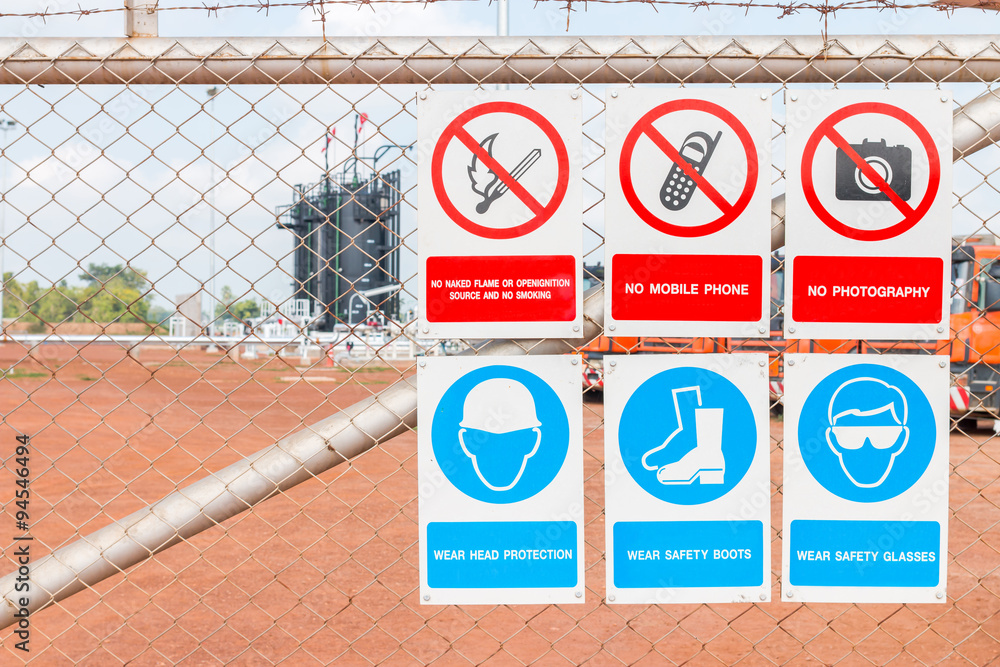 Safety signs individually in oil and gas area working Stock-Foto ...