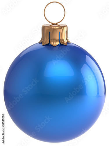 Christmas ball New Year's Eve bauble blue wintertime decoration sphere hanging adornment classic. Traditional winter holidays home ornament Merry Xmas event symbol shiny blank. 3d render isolated