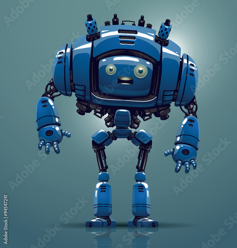 Vector blue robot. Image of a funny big blue robot standing on a light blue background.