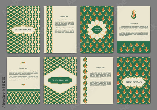 Set of flyer, brochure, booklet cover design templates in retro style on abstract backgrounds with arabian patterns. Can use for greeting cards, wedding invitations, retro parties and advertising.