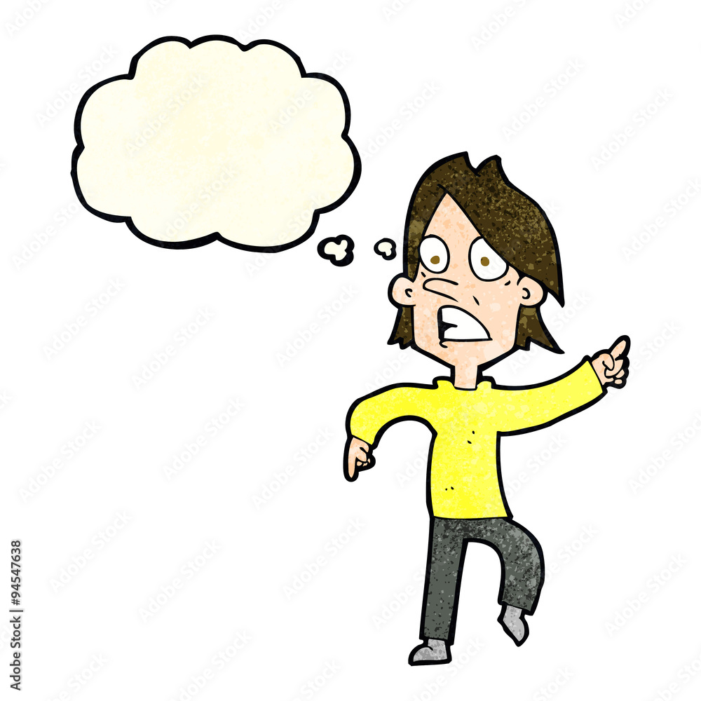 cartoon worried man pointing with thought bubble cartoon worried man pointing with thought bubble