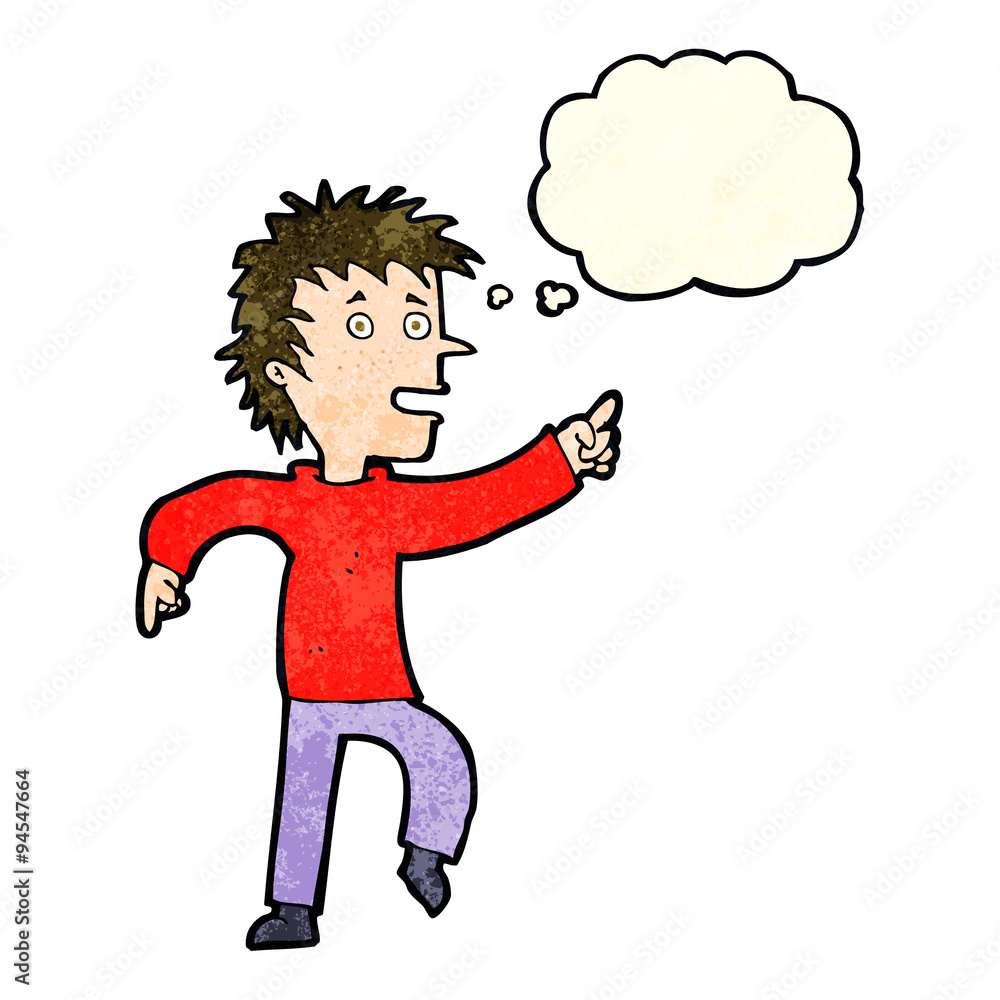 cartoon happy man pointing with thought bubble cartoon happy man pointing with thought bubble