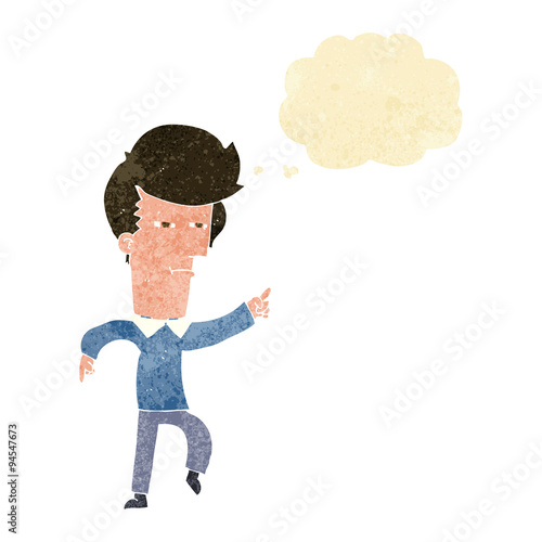 cartoon man accusing with thought bubble