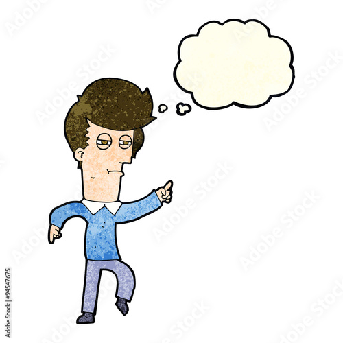 cartoon man accusing with thought bubble