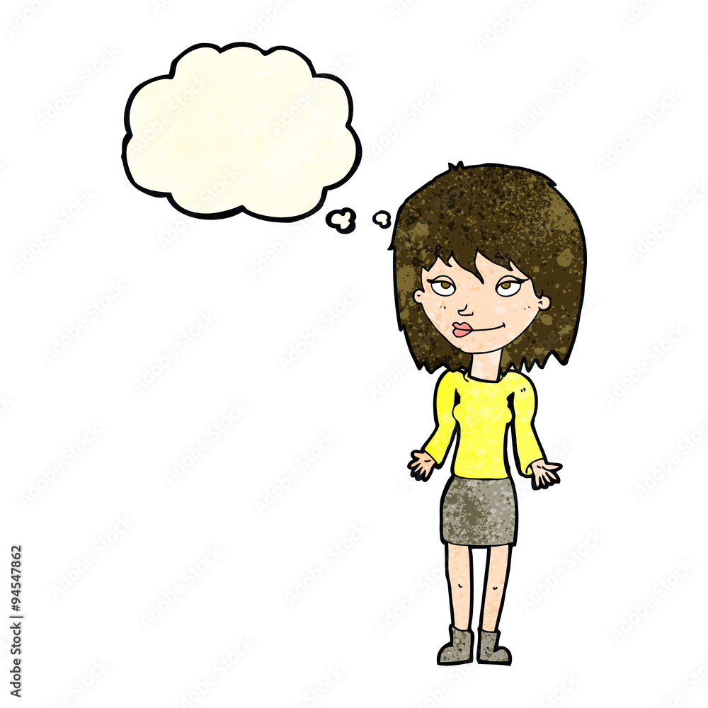 cartoon woman shrugging shoulders with thought bubble