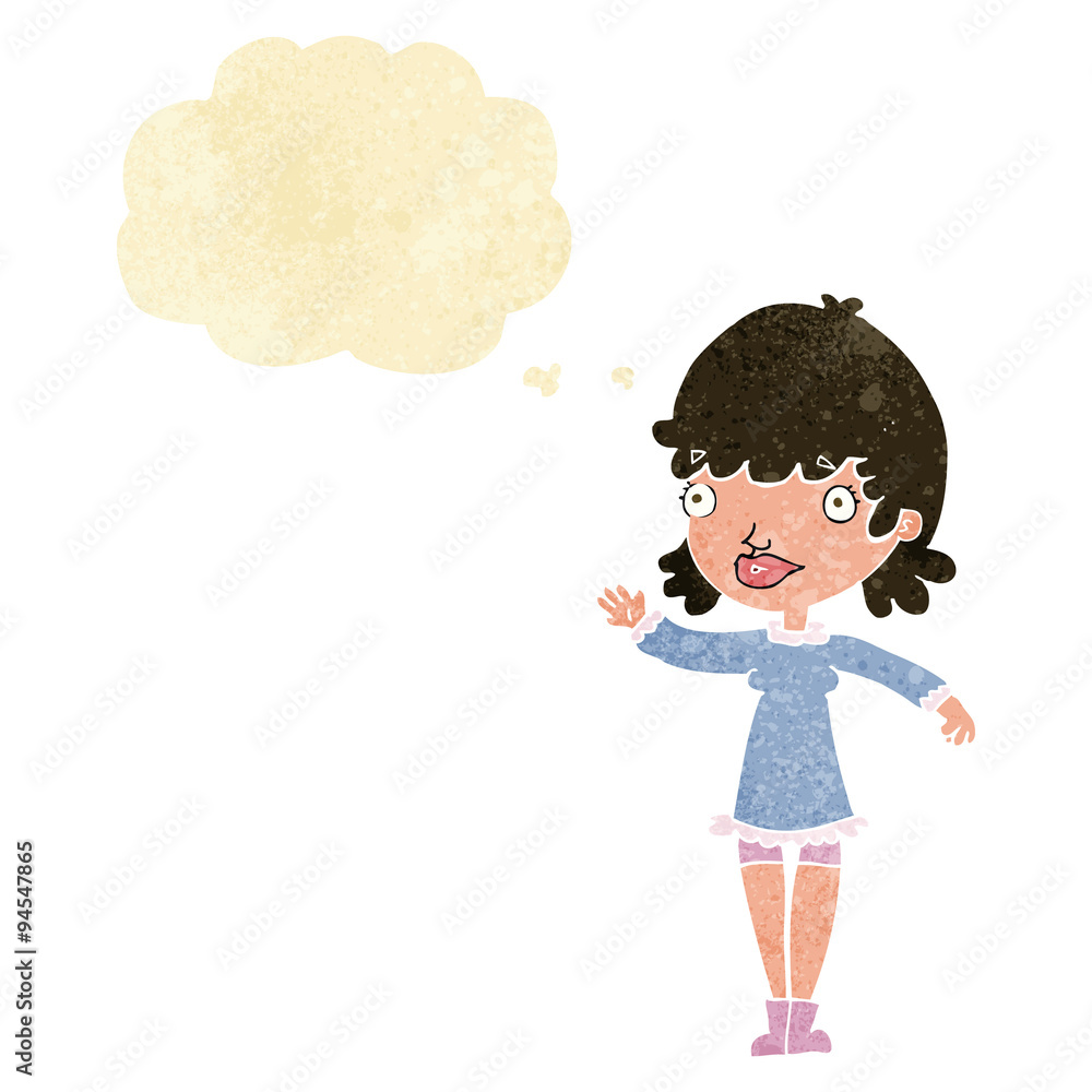 cartoon woman waving with thought bubble cartoon woman waving with thought bubble