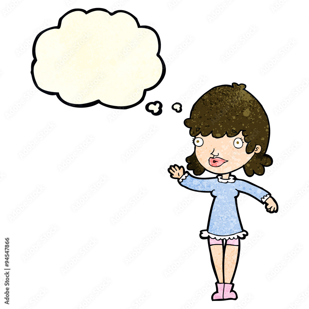 cartoon woman waving with thought bubble cartoon woman waving with thought bubble