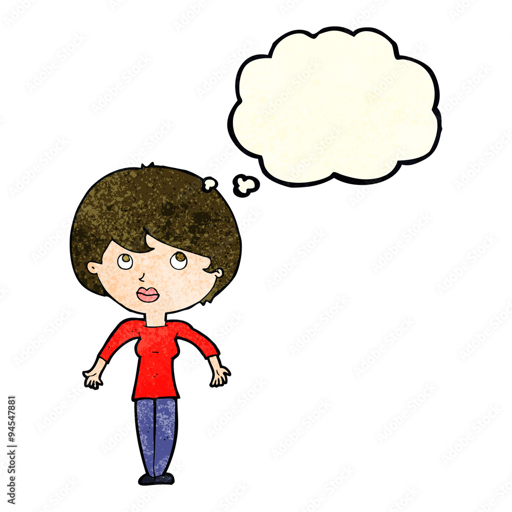 cartoon woman shrugging shoulders with thought bubble cartoon woman shrugging shoulders with thought bubble