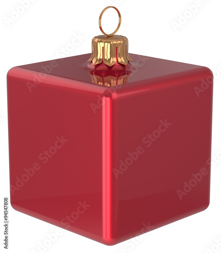 New Year's Eve bauble Christmas ball cube geometric unusual red decoration hanging adornment. Traditional wintertime holidays home square ornament Merry Xmas symbol shiny blank. 3d render isolated