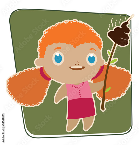 Vector little girl with stinky poo. Cartoon image of a little girl with red hair in a pink dress holding a stinking poo on a branch with leaves on a green background.