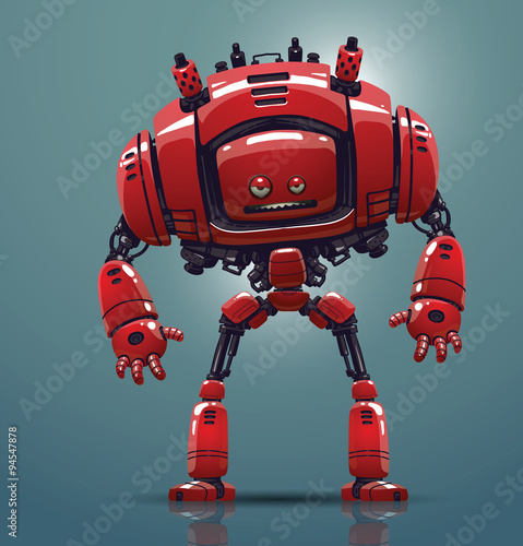 Vector red robot. Image of a funny big angry red robot standing on a light blue background.
