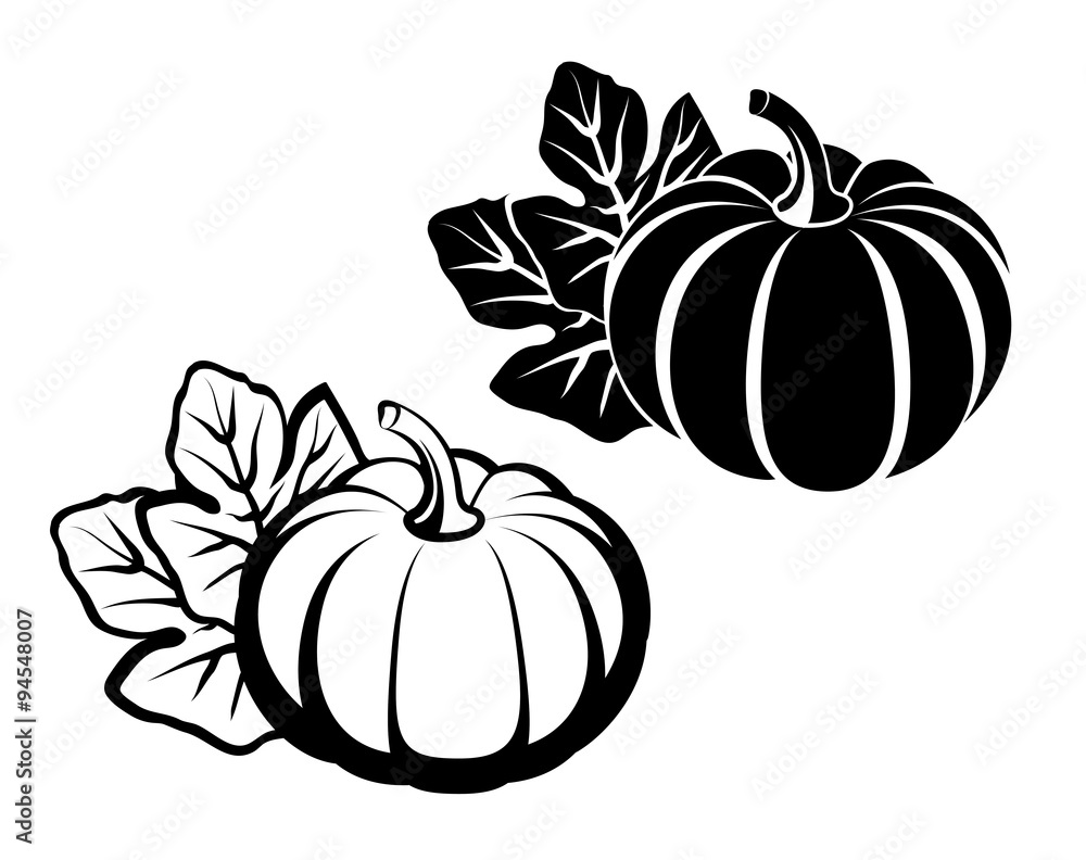 Pumpkins with leaves. Vector black silhouette. Pumpkins with leaves. Vector black silhouette.
