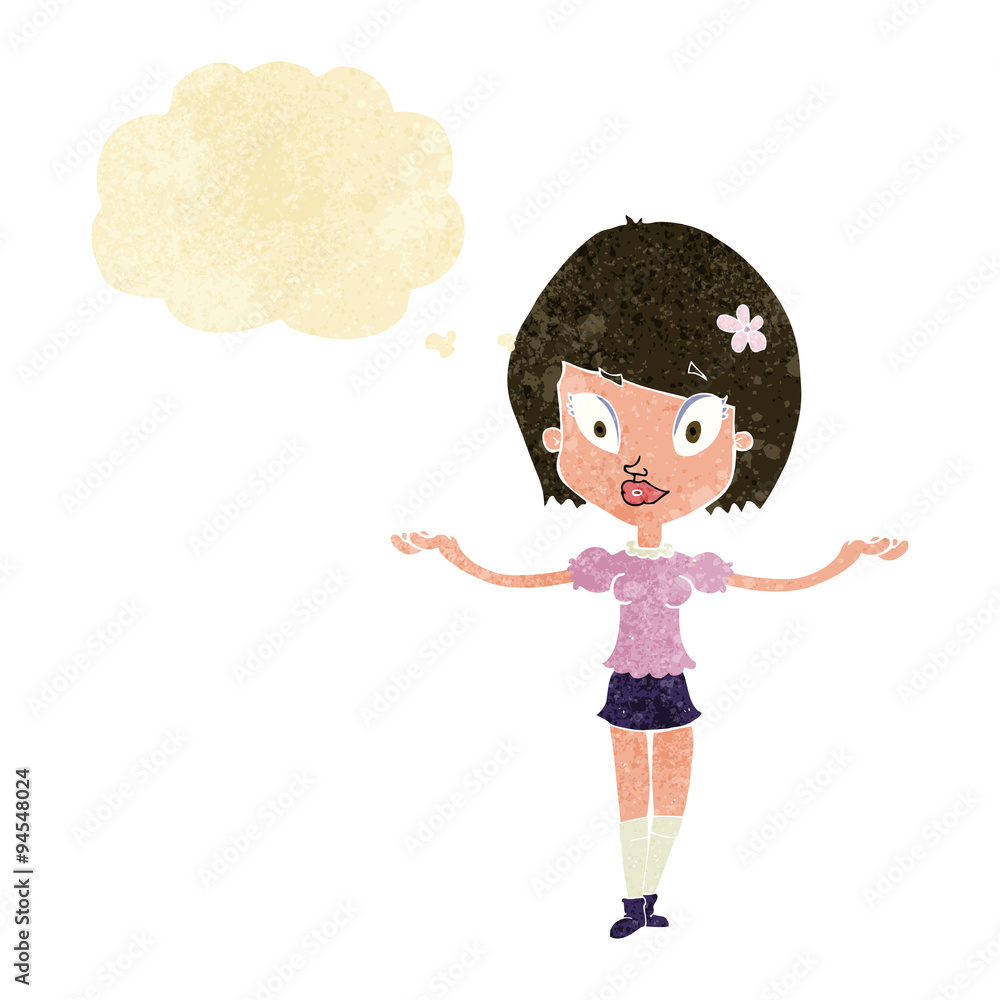 cartoon woman making balancing gesture with thought bubble cartoon woman making balancing gesture with thought bubble