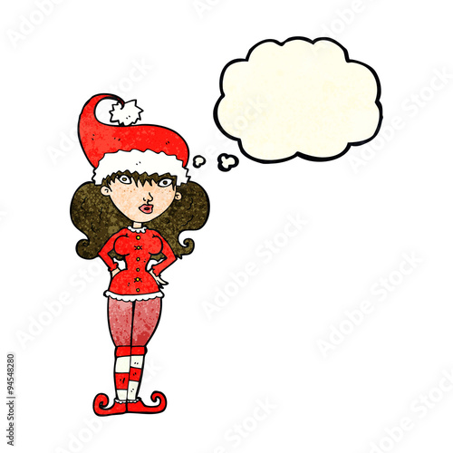 cartoon santa's helper woman with thought bubble