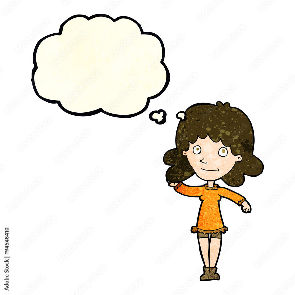 cartoon friendly woman waving with thought bubble cartoon friendly woman waving with thought bubble