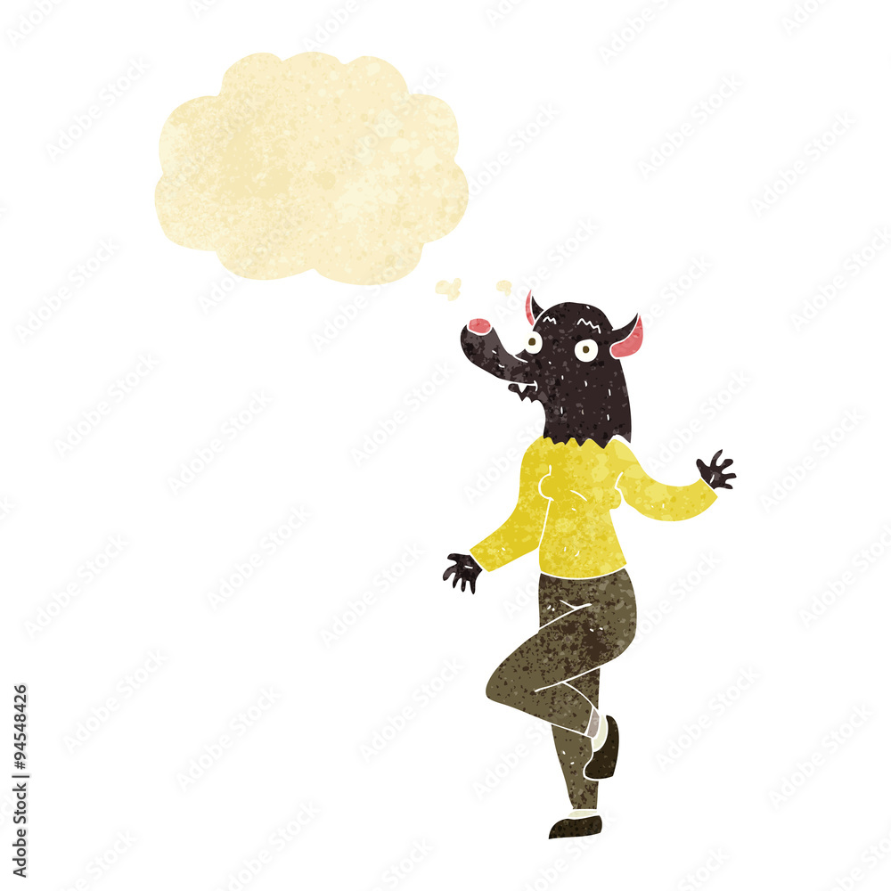 Fototapeta premium cartoon dancing werewolf woman with thought bubble