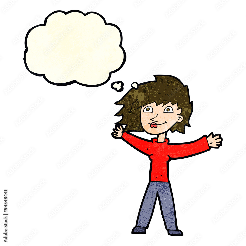 cartoon excited woman waving with thought bubble cartoon excited woman waving with thought bubble