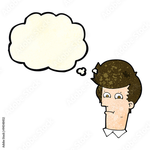 cartoon man narrowing eyes with thought bubble