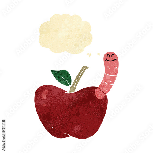 cartoon apple with worm with thought bubble