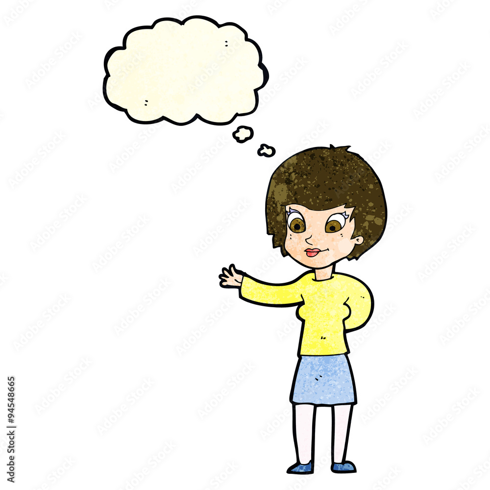 cartoon welcoming woman with thought bubble cartoon welcoming woman with thought bubble