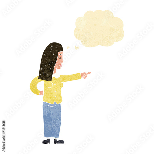 cartoon woman pointing with thought bubble