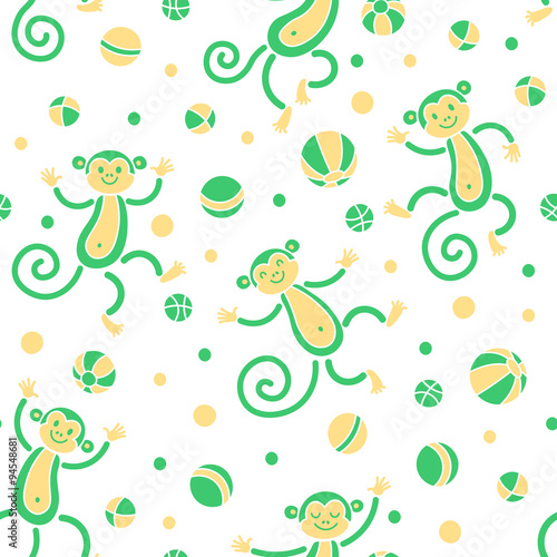 Seamless pattern with monkeys playing in balls. Vector illustration