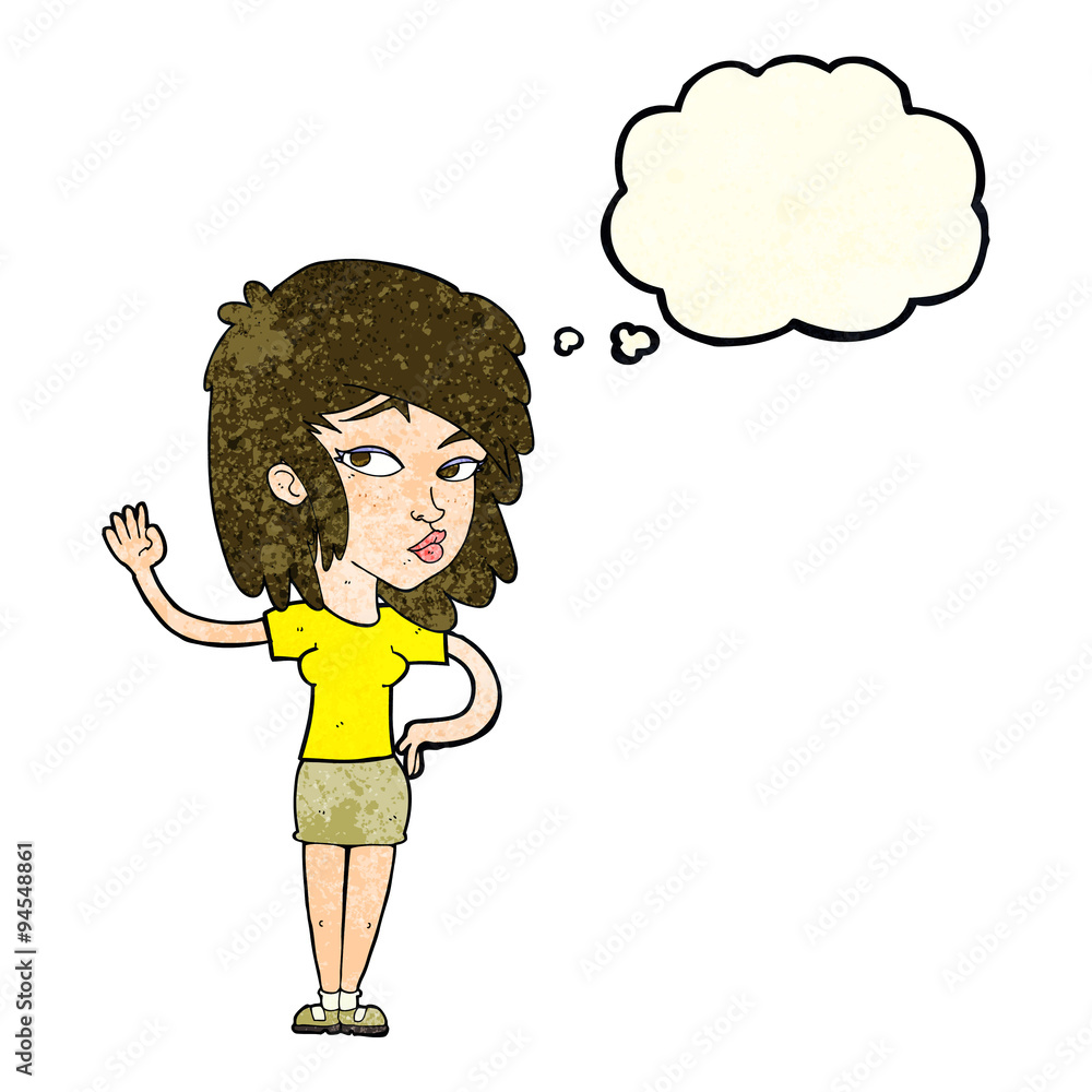 cartoon pretty woman waving with thought bubble cartoon pretty woman waving with thought bubble