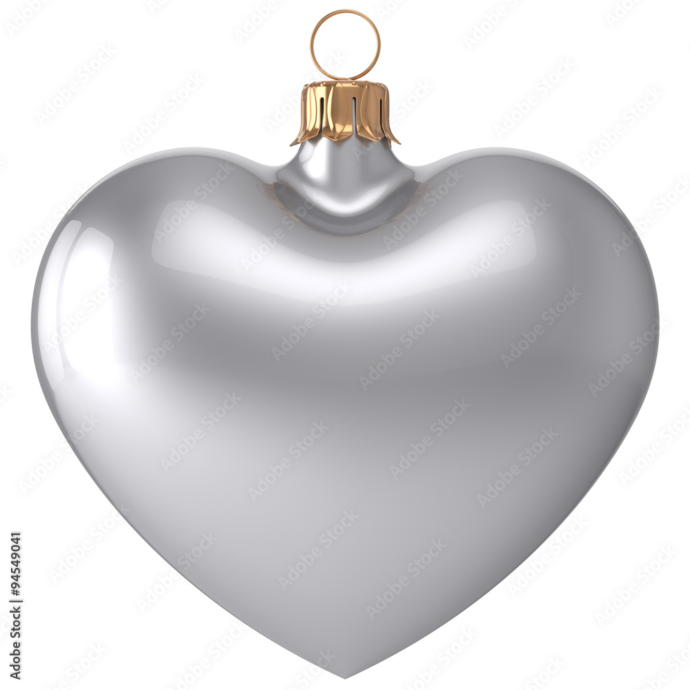 Christmas ball heart New Year's Eve bauble love decoration white blank adornment. Merry Xmas traditional wintertime holidays ornament romantic. 3d render isolated on white background Christmas ball heart New Year's Eve bauble love decoration white blank adornment. Merry Xmas traditional wintertime holidays ornament romantic. 3d render isolated on white background