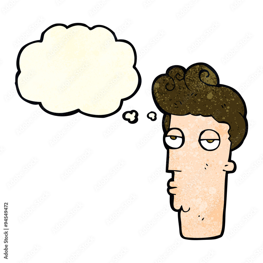 cartoon bored man's face with thought bubble
