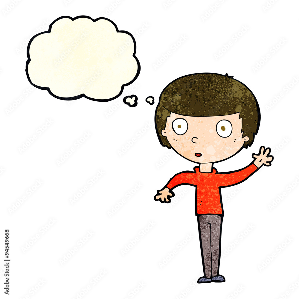 cartoon waving boy with thought bubble cartoon waving boy with thought bubble