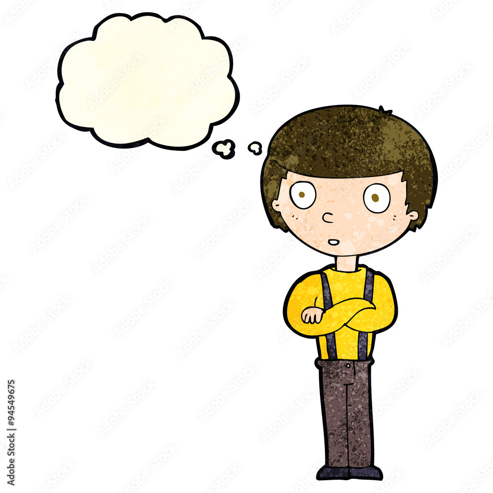 cartoon staring boy with folded arms with thought bubble cartoon staring boy with folded arms with thought bubble