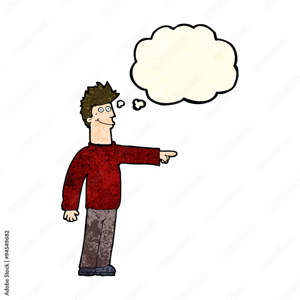 cartoon happy pointing man with thought bubble cartoon happy pointing man with thought bubble