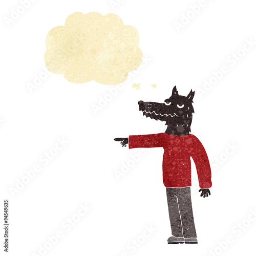 cartoon wolf man pointing with thought bubble