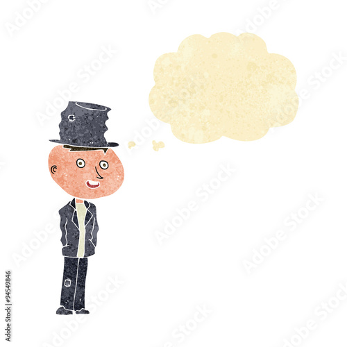 cartoon funny hobo man with thought bubble