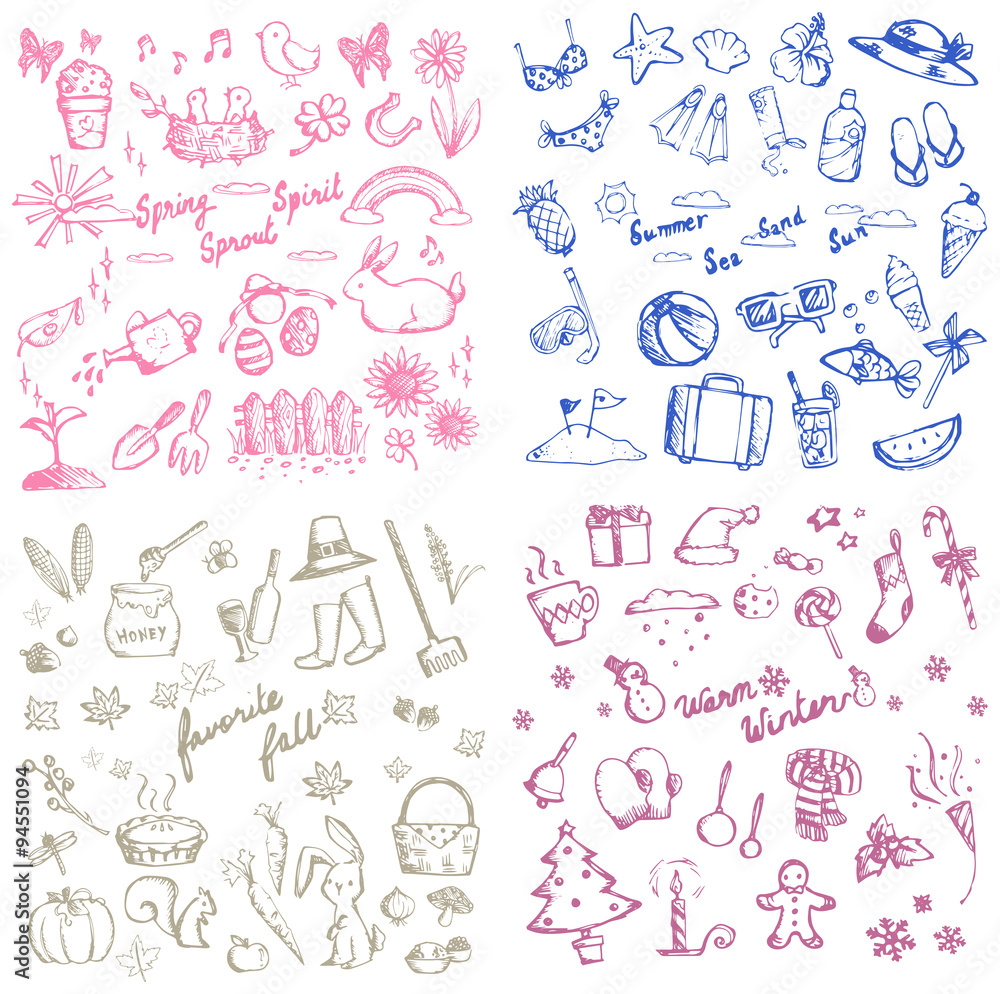 Spring summer autumn winter holiday season doodle icon of animal plant and flower leisure activities and tools, and celebration festival collection set, create by vector Spring summer autumn winter holiday season doodle icon of animal plant and flower leisure activities and tools, and celebration festival collection set, create by vector