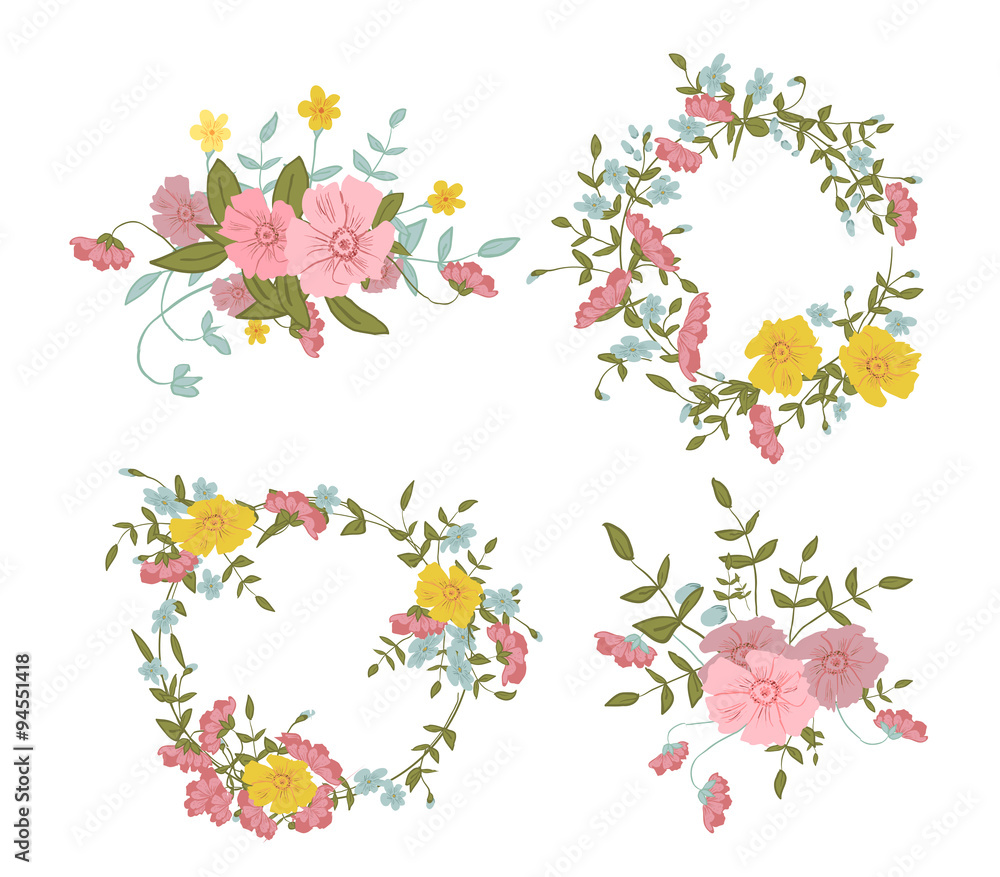 Abstract floral composition with large and small pink, blue and yellow colors 