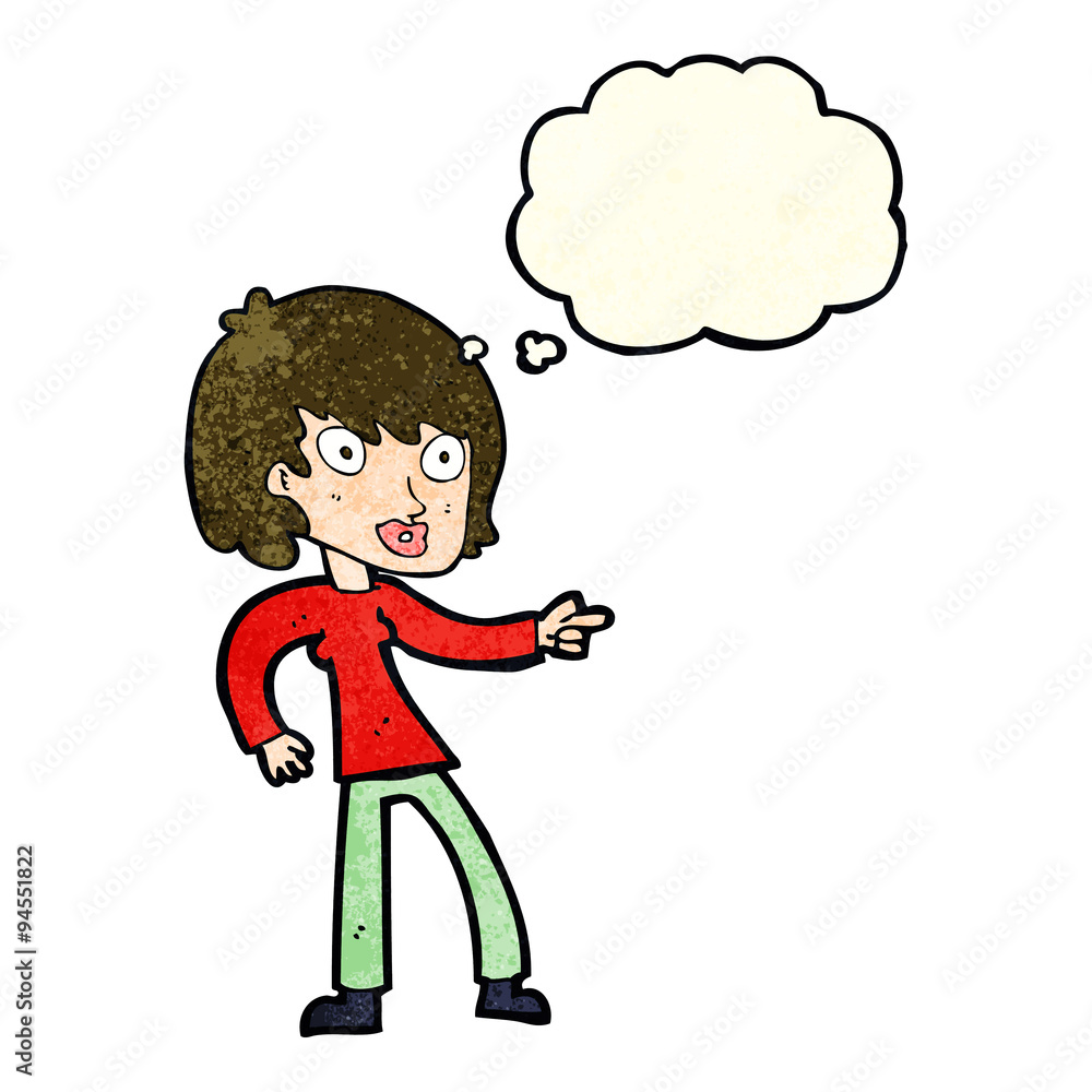 cartoon woman pointing with thought bubble cartoon woman pointing with thought bubble
