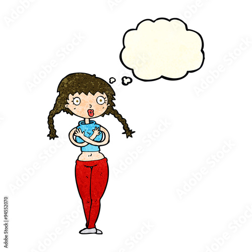 cartoon offended woman covering herself with thought bubble