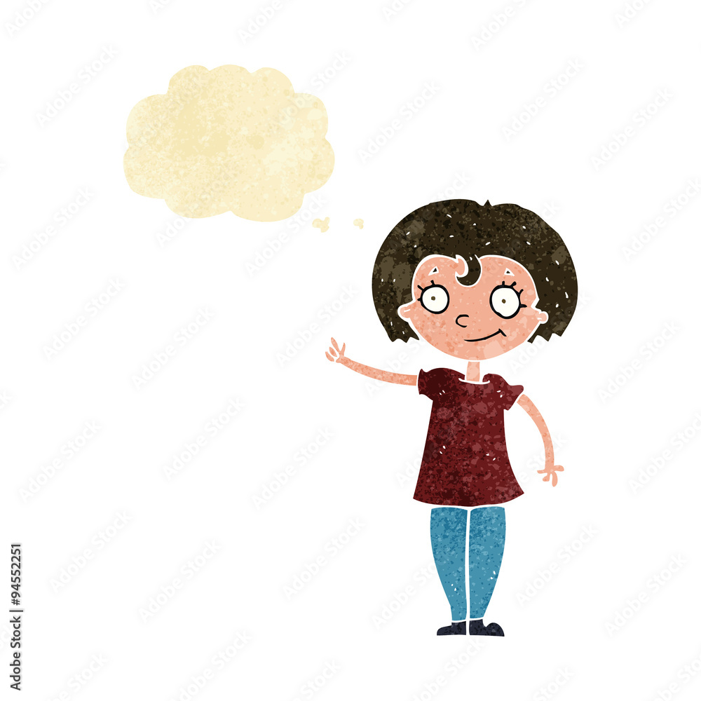 cartoon happy woman pointing with thought bubble cartoon happy woman pointing with thought bubble