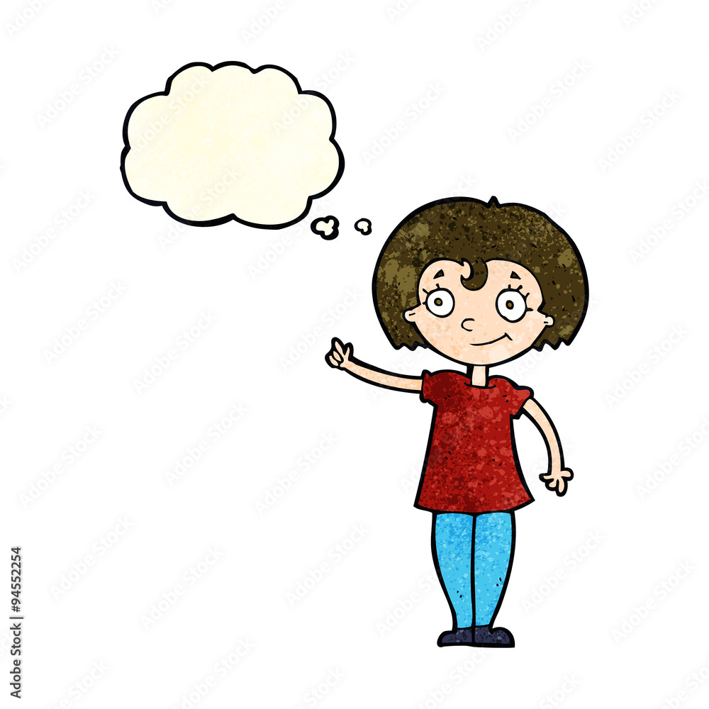 cartoon happy woman pointing with thought bubble cartoon happy woman pointing with thought bubble
