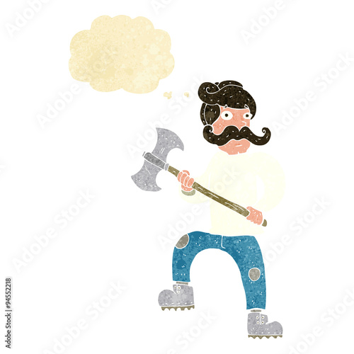 cartoon man with axe with thought bubble