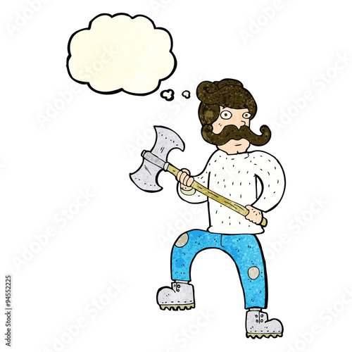 cartoon man with axe with thought bubble
