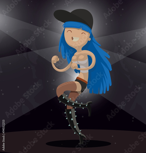 Vector cartoon image of a girl with blue hair in a white tank top, black shorts, a black cap and black boots with spikes dancing in a nightclub  on a dark background. 