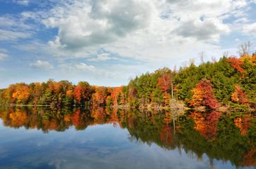 Beautiful autumn lake reflecting red fall colors in its clear water