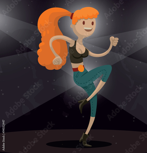 Vector girl with ginger hair in a nightclub. Cartoon image of a girl with ginger hair in a black top and green pants dancing in a nightclub  on a dark background. 