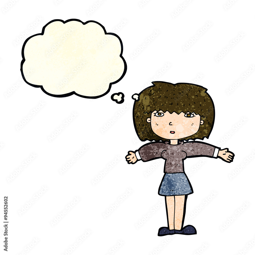 cartoon woman shrugging shoulders with thought bubble cartoon woman shrugging shoulders with thought bubble