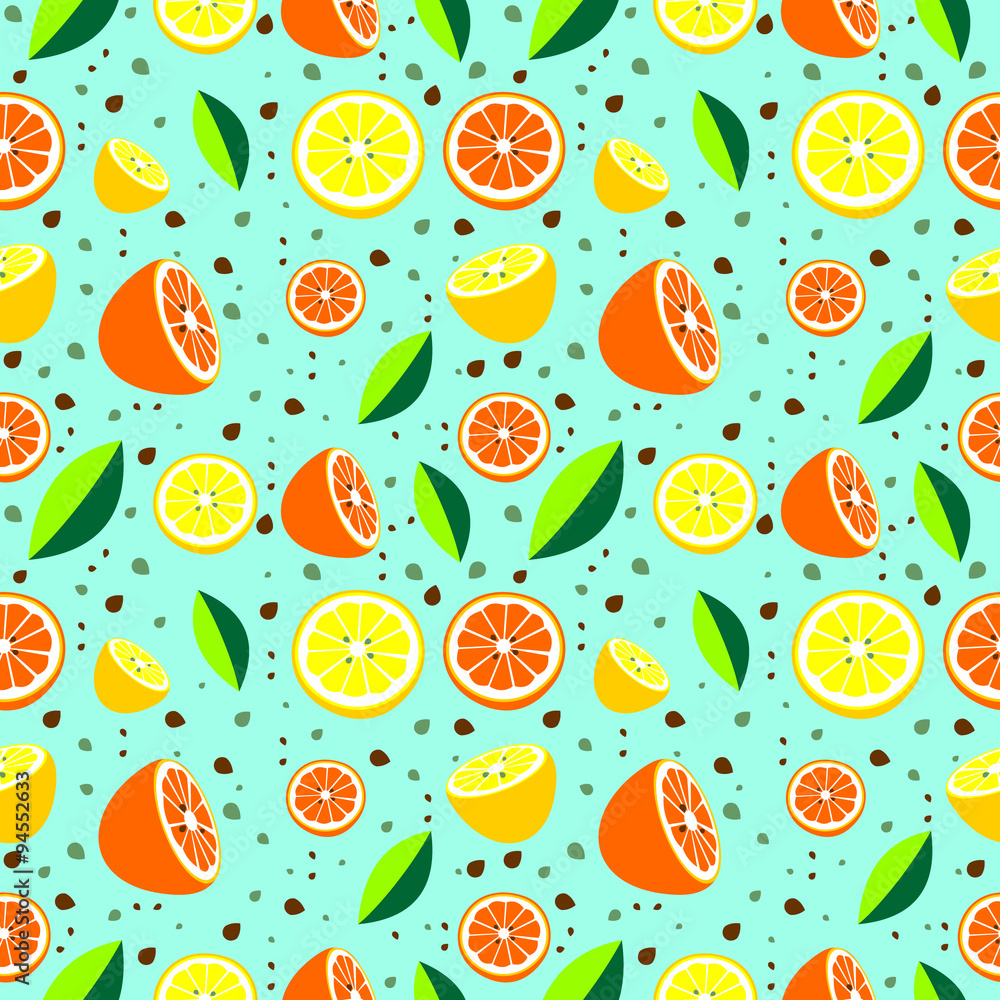 Seamless pattern with elements of citrus fruits over blue background