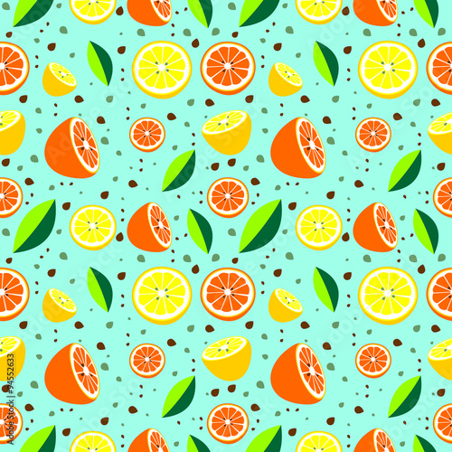 Fototapeta Naklejka Na Ścianę i Meble -  Seamless pattern with elements of citrus fruits over blue background